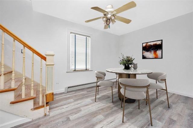 3680 Naomi St, Seaford, NY 11783 - dining room featuring light wood-style flooring, stairway, ceiling fan, baseboards, and a baseboard heating unit