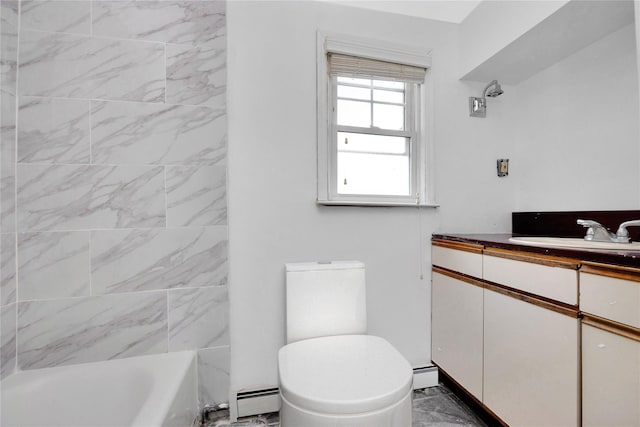 3680 Naomi St, Seaford, NY 11783 - full bath featuring toilet, vanity, a baseboard heating unit, and shower / bath combination