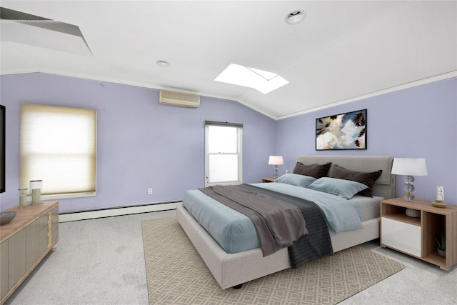 3680 Naomi St, Seaford, NY 11783 - bedroom featuring a baseboard radiator, vaulted ceiling, a skylight, a wall mounted AC, and light colored carpet