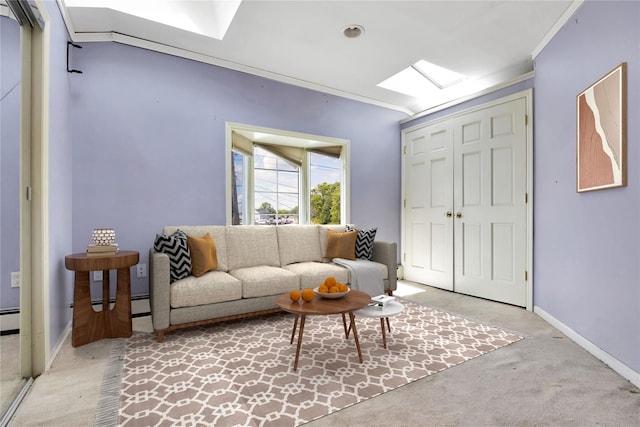 3680 Naomi St, Seaford, NY 11783 - living area featuring a skylight, baseboards, light colored carpet, and a baseboard radiator