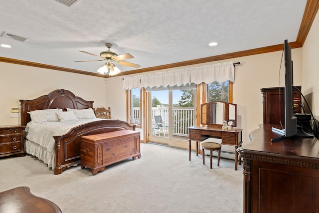 13 Evans Ave, Albertson, NY 11507 - bedroom featuring access to exterior, crown molding, light colored carpet, recessed lighting, and ceiling fan