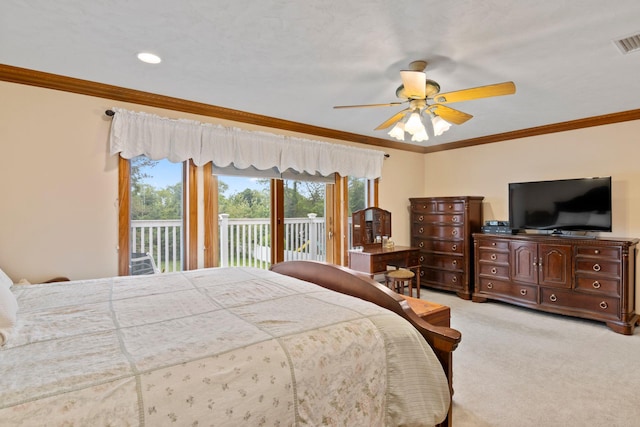13 Evans Ave, Albertson, NY 11507 - bedroom featuring access to outside, light carpet, ornamental molding, and a ceiling fan