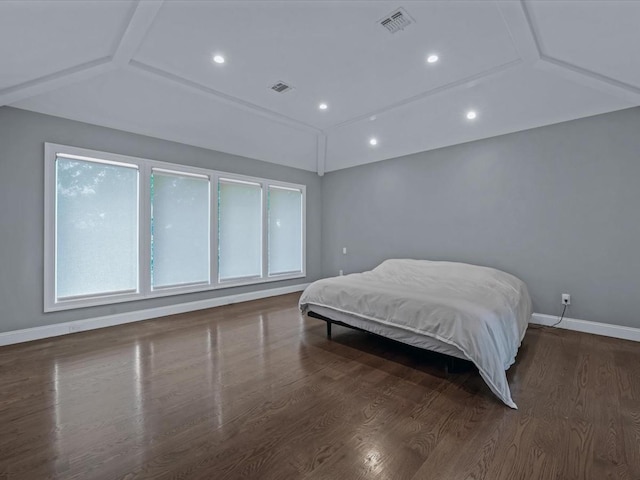 15 Grenfell Dr, Great Neck, NY 11020 - bedroom with lofted ceiling, baseboards, dark wood-style floors, and recessed lighting