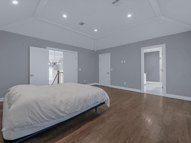 15 Grenfell Dr, Great Neck, NY 11020 - bedroom featuring vaulted ceiling, baseboards, dark wood-style flooring, a chandelier, and recessed lighting