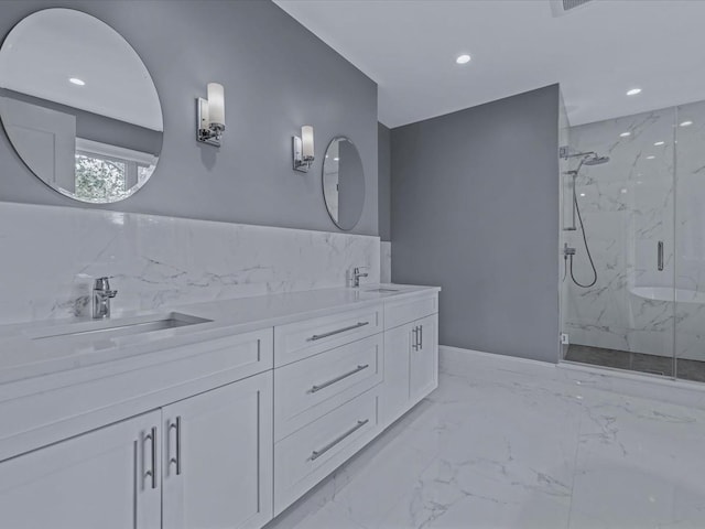 15 Grenfell Dr, Great Neck, NY 11020 - full bathroom featuring a marble finish shower, double vanity, recessed lighting, marble finish floors, and baseboards