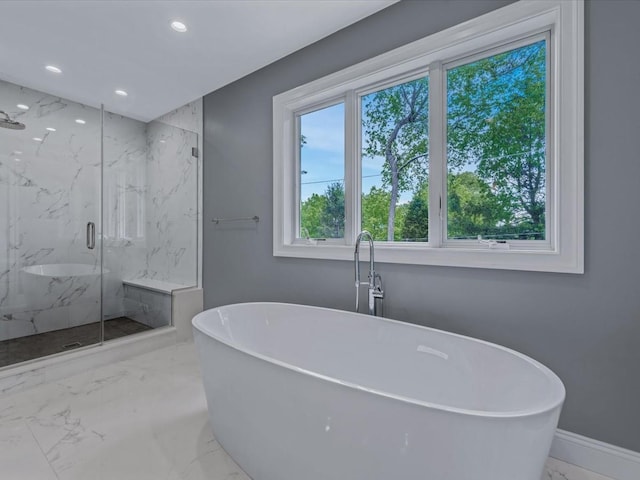 15 Grenfell Dr, Great Neck, NY 11020 - bathroom with marble finish floors, a marble finish shower, a freestanding tub, recessed lighting, and baseboards