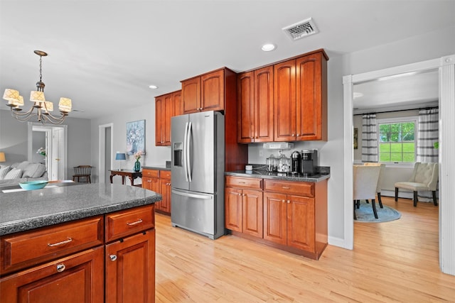 17 Jackson Ln, Campbell Hall, NY 10916 - kitchen featuring stainless steel fridge, a chandelier, light wood-type flooring, hanging light fixtures, and recessed lighting
