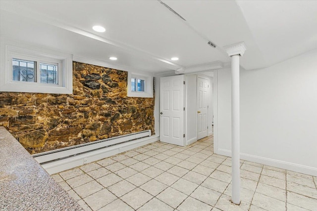 18-42 120th St, College Point, NY 11356 - below grade area featuring a baseboard radiator, recessed lighting, light tile patterned floors, and baseboards