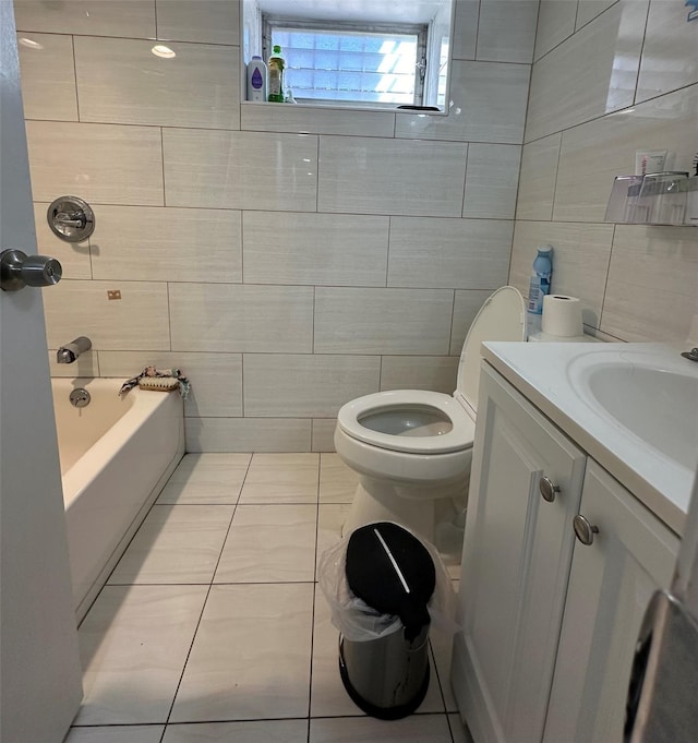 5224 66th St, Maspeth, NY 11378 - bathroom with tile walls, tile patterned flooring, toilet, vanity, and shower / tub combination