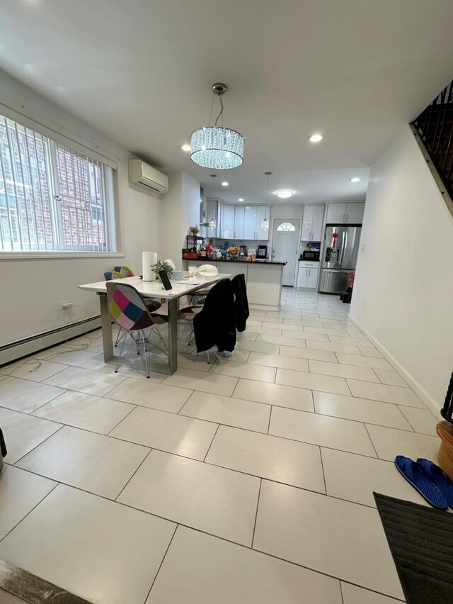 5224 66th St, Maspeth, NY 11378 - dining area featuring an AC wall unit, recessed lighting, a baseboard heating unit, a chandelier, and baseboards