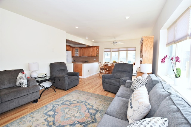 32 Shore Dr, Mastic Beach, NY 11951 - living area featuring light wood-type flooring, a ceiling fan, and recessed lighting