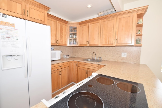 32 Shore Dr, Mastic Beach, NY 11951 - kitchen featuring white appliances, a sink, glass insert cabinets, backsplash, and light countertops
