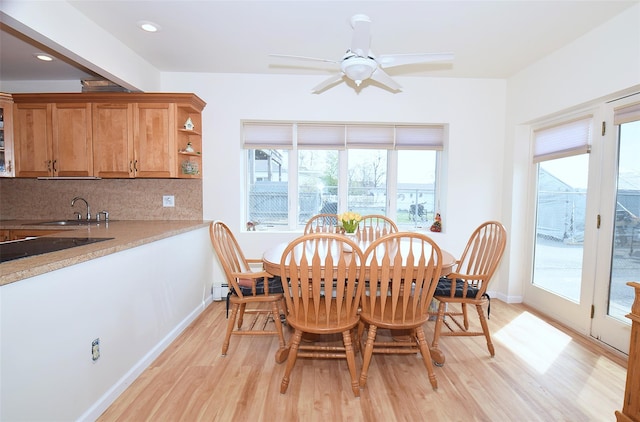 32 Shore Dr, Mastic Beach, NY 11951 - dining area with light wood-style flooring, a ceiling fan, baseboards, and recessed lighting