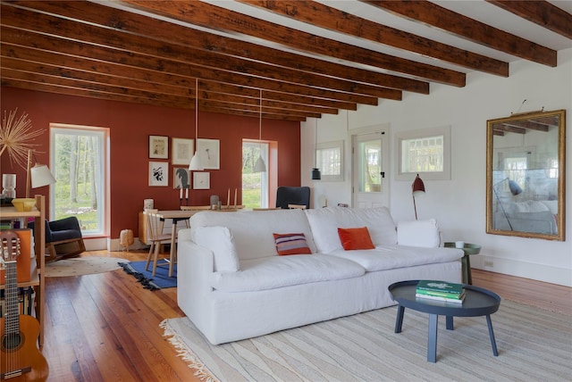 57 Dellenbaugh Rd, Cragsmoor, NY 12566 - living room with hardwood / wood-style floors and beamed ceiling