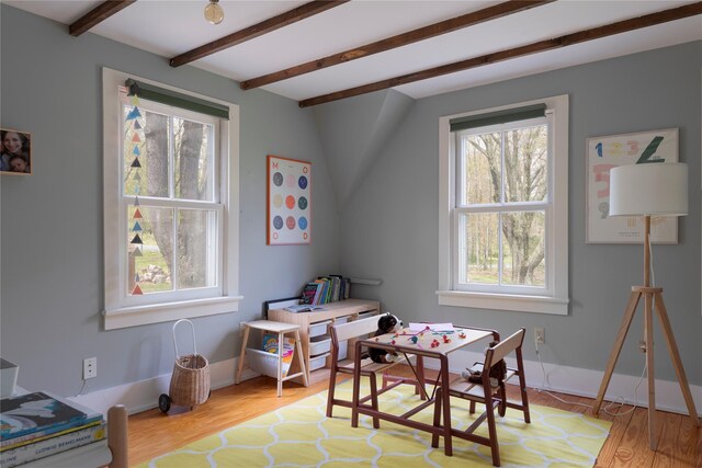 57 Dellenbaugh Rd, Cragsmoor, NY 12566 - game room with plenty of natural light, beam ceiling, baseboards, and wood finished floors