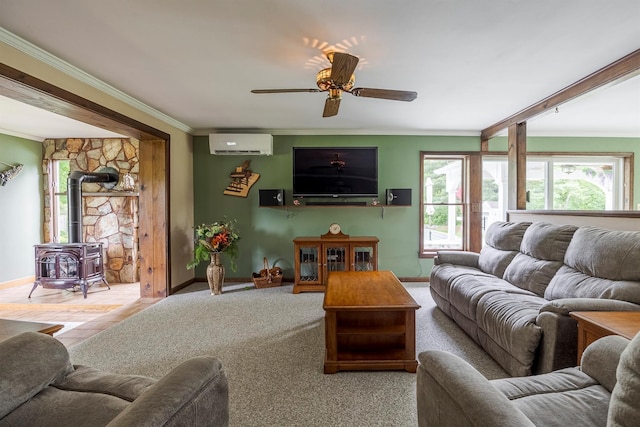 1028 Jackson Corners Rd, Red Hook, NY 12571 - living room featuring a wall mounted AC, ornamental molding, baseboards, a wood stove, and ceiling fan