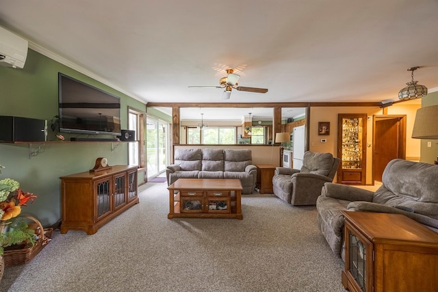 1028 Jackson Corners Rd, Red Hook, NY 12571 - living room featuring ornamental molding, carpet, a wall mounted air conditioner, and ceiling fan