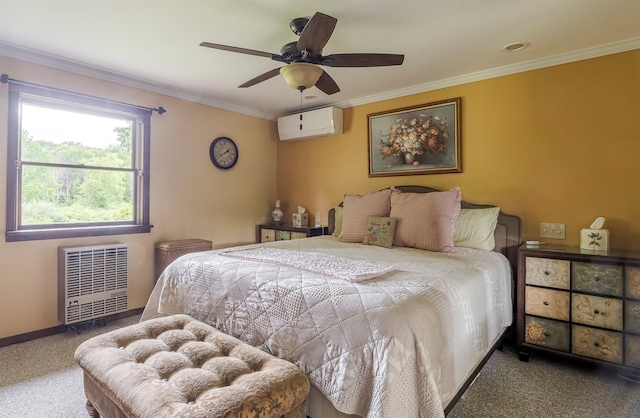 1028 Jackson Corners Rd, Red Hook, NY 12571 - bedroom with a wall mounted air conditioner, carpet floors, ornamental molding, a ceiling fan, and baseboards