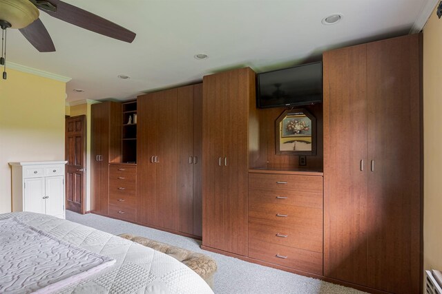 1028 Jackson Corners Rd, Red Hook, NY 12571 - bedroom featuring light carpet, ornamental molding, a ceiling fan, and recessed lighting