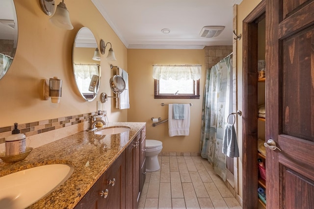 1028 Jackson Corners Rd, Red Hook, NY 12571 - bathroom featuring toilet, double vanity, ornamental molding, a shower with curtain, and decorative backsplash