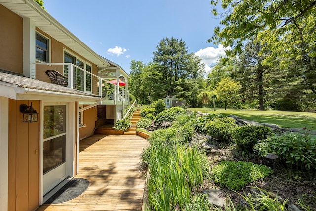 1028 Jackson Corners Rd, Red Hook, NY 12571 - wooden terrace featuring stairs and view of wooded area