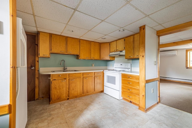 1028 Jackson Corners Rd, Red Hook, NY 12571 - kitchen with white appliances, a sink, a paneled ceiling, under cabinet range hood, and a wall mounted AC