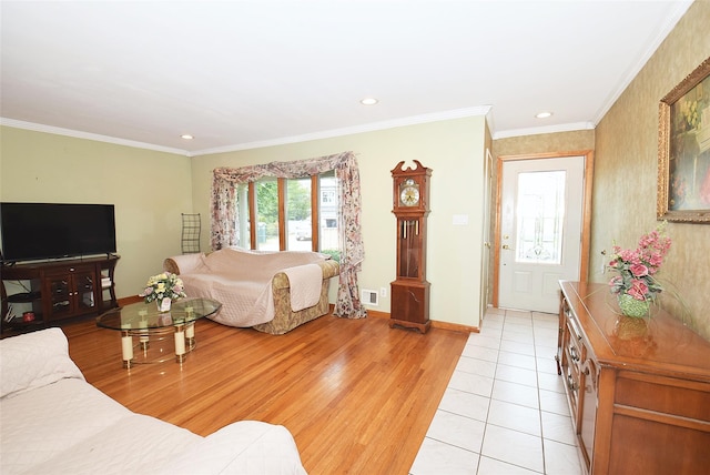2 Walnut Dr, Syosset, NY 11791 - living room featuring baseboards, crown molding, recessed lighting, and light wood-style flooring