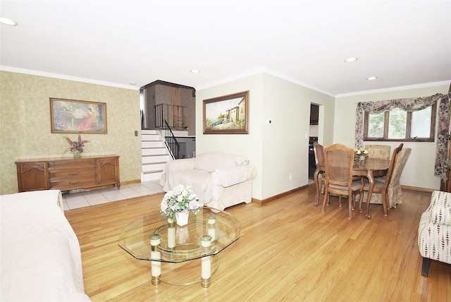2 Walnut Dr, Syosset, NY 11791 - living room with baseboards, light wood-style flooring, crown molding, stairs, and recessed lighting
