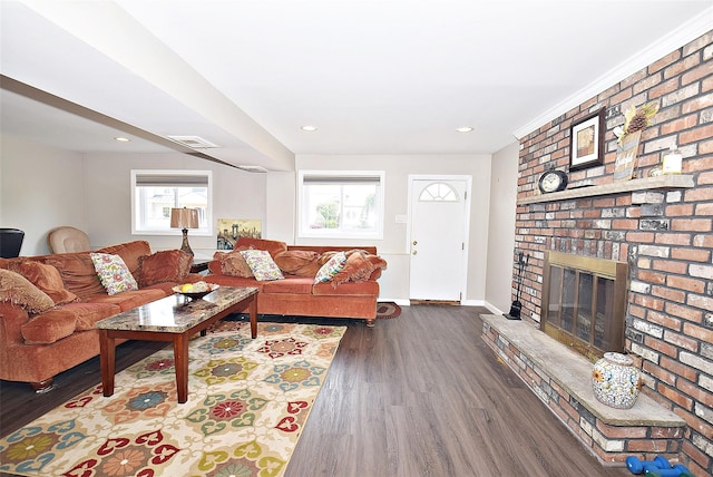 2 Walnut Dr, Syosset, NY 11791 - living room featuring a fireplace, dark wood finished floors, baseboards, and recessed lighting