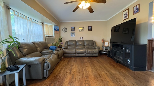 23 Kingsland Ave, Shirley, NY 11967 - living room with ceiling fan, wood finished floors, crown molding, and cooling unit