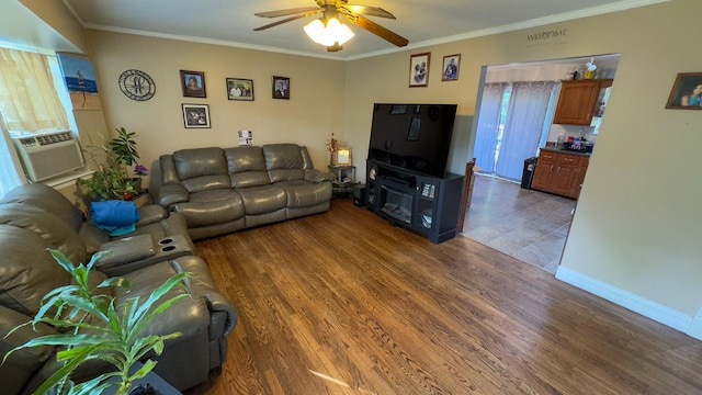 23 Kingsland Ave, Shirley, NY 11967 - living room featuring ceiling fan, crown molding, wood finished floors, cooling unit, and baseboards