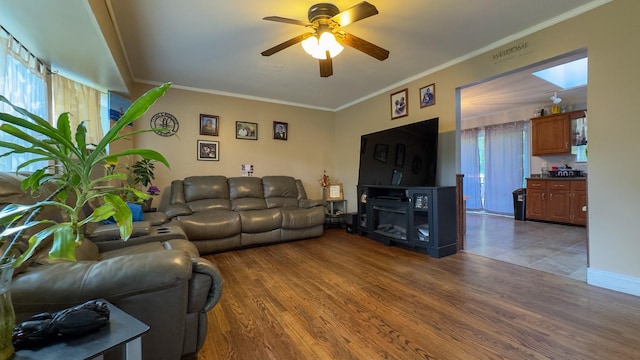 23 Kingsland Ave, Shirley, NY 11967 - living area with ceiling fan, crown molding, and wood finished floors