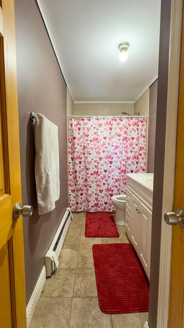 23 Kingsland Ave, Shirley, NY 11967 - bathroom with a baseboard heating unit, vanity, a shower with shower curtain, toilet, and ornamental molding