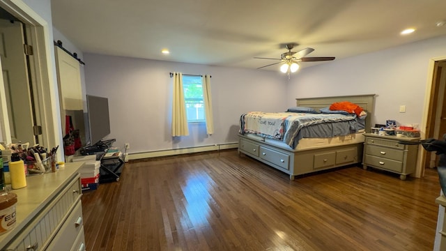 23 Kingsland Ave, Shirley, NY 11967 - bedroom featuring a baseboard radiator, dark wood-style floors, recessed lighting, a barn door, and ceiling fan