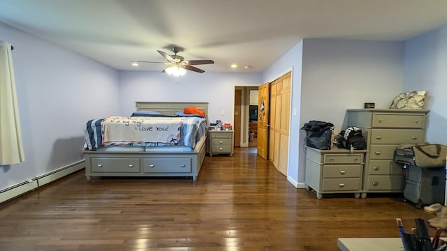 23 Kingsland Ave, Shirley, NY 11967 - bedroom featuring dark wood finished floors, a baseboard heating unit, ceiling fan, and recessed lighting