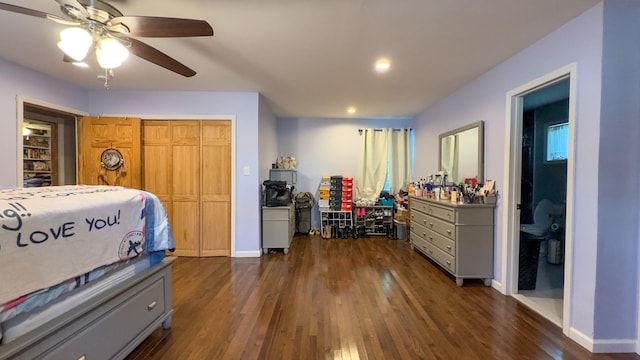 23 Kingsland Ave, Shirley, NY 11967 - bedroom with baseboards, dark wood-style flooring, recessed lighting, and ceiling fan