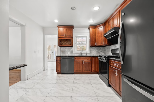 34 Little Neck Rd, Little Neck, NY 11363 - kitchen with freestanding refrigerator, dishwasher, black gas stove, under cabinet range hood, and dark countertops