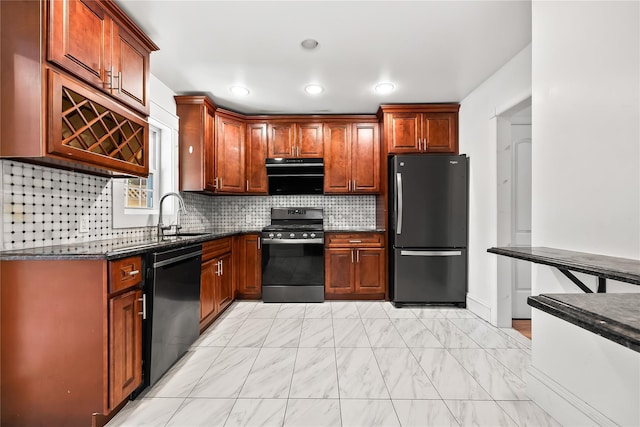 34 Little Neck Rd, Little Neck, NY 11363 - kitchen with black appliances, a sink, light marble finish floors, exhaust hood, and backsplash
