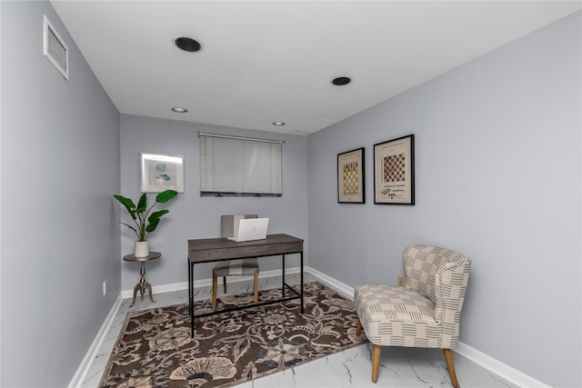 16 Sands Ct, Port Washington, NY 11050 - home office featuring marble finish floors, recessed lighting, and baseboards