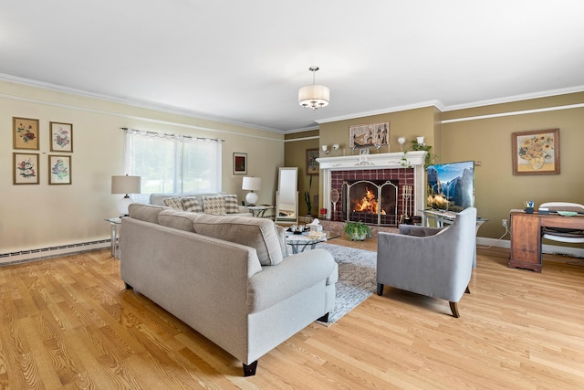 2975 Rte 9, Cold Spring, NY 10516 - living area with a baseboard radiator, light wood-type flooring, crown molding, and a tile fireplace