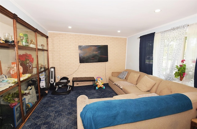 1330 William Floyd Pkwy, Shirley, NY 11967 - living area with ornamental molding, brick wall, and recessed lighting