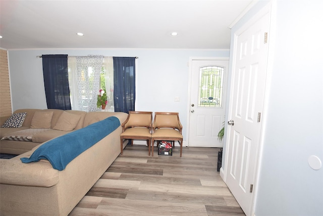 1330 William Floyd Pkwy, Shirley, NY 11967 - living area featuring crown molding, light wood-type flooring, and recessed lighting