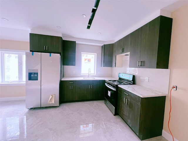 208-04 47th Ave, Bayside, NY 11361 - kitchen with white refrigerator with ice dispenser, electric stove, light countertops, baseboards, and a sink