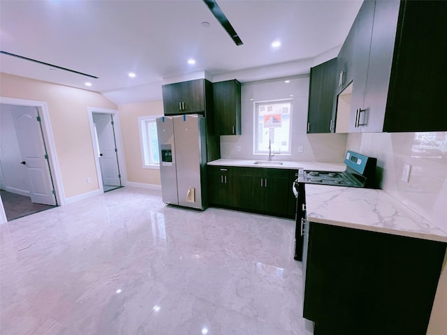 208-04 47th Ave, Bayside, NY 11361 - kitchen with fridge with ice dispenser, gas range, a sink, green cabinets, and recessed lighting