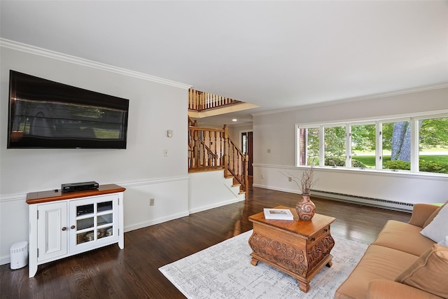 2 Shoshone Dr, Katonah, NY 10536 - living area featuring baseboard heating, ornamental molding, stairway, wood finished floors, and baseboards