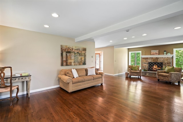 2 Shoshone Dr, Katonah, NY 10536 - living area featuring dark wood finished floors, baseboards, recessed lighting, and a fireplace