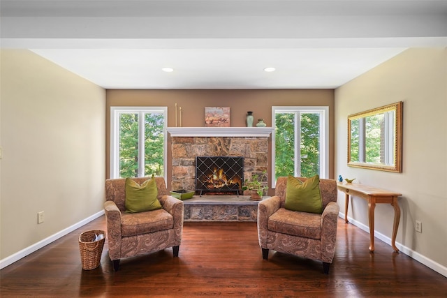 2 Shoshone Dr, Katonah, NY 10536 - living area with baseboards, wood finished floors, a stone fireplace, and recessed lighting