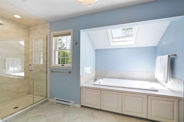 2 Shoshone Dr, Katonah, NY 10536 - full bathroom featuring baseboard heating, a skylight, a shower stall, a bath, and baseboards