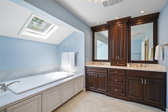 2 Shoshone Dr, Katonah, NY 10536 - full bathroom with a skylight, double vanity, a garden tub, lofted ceiling, and recessed lighting