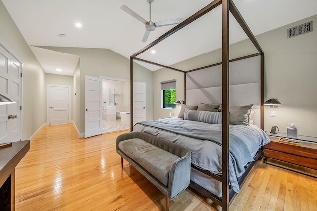 57 Varsity Blvd, East Setauket, NY 11733 - bedroom with light wood finished floors, vaulted ceiling, recessed lighting, ensuite bath, and ceiling fan